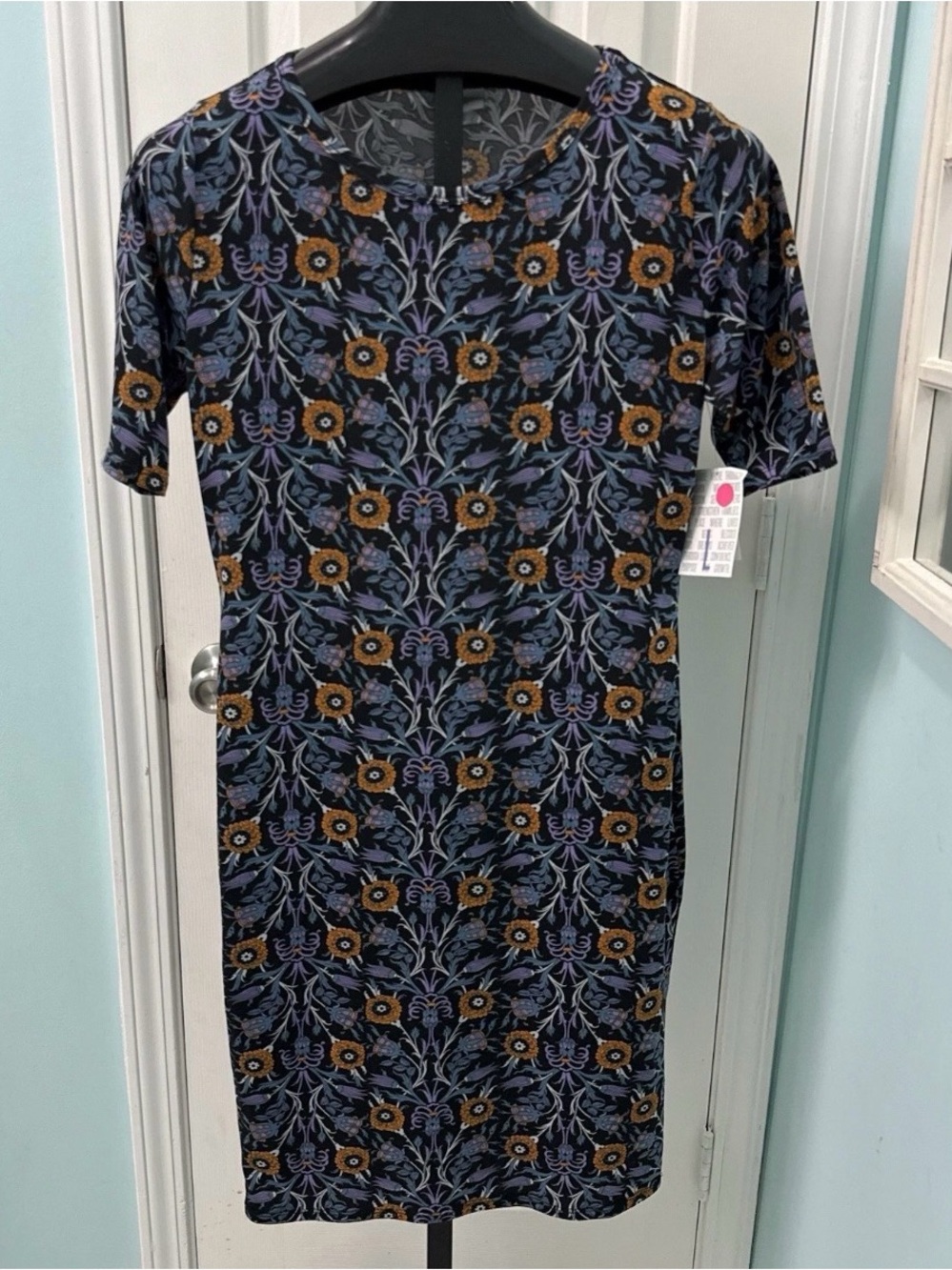 NWT LuLaRoe Julia Women's Size Large Black Blue Orange Floral Knee-Length Dress